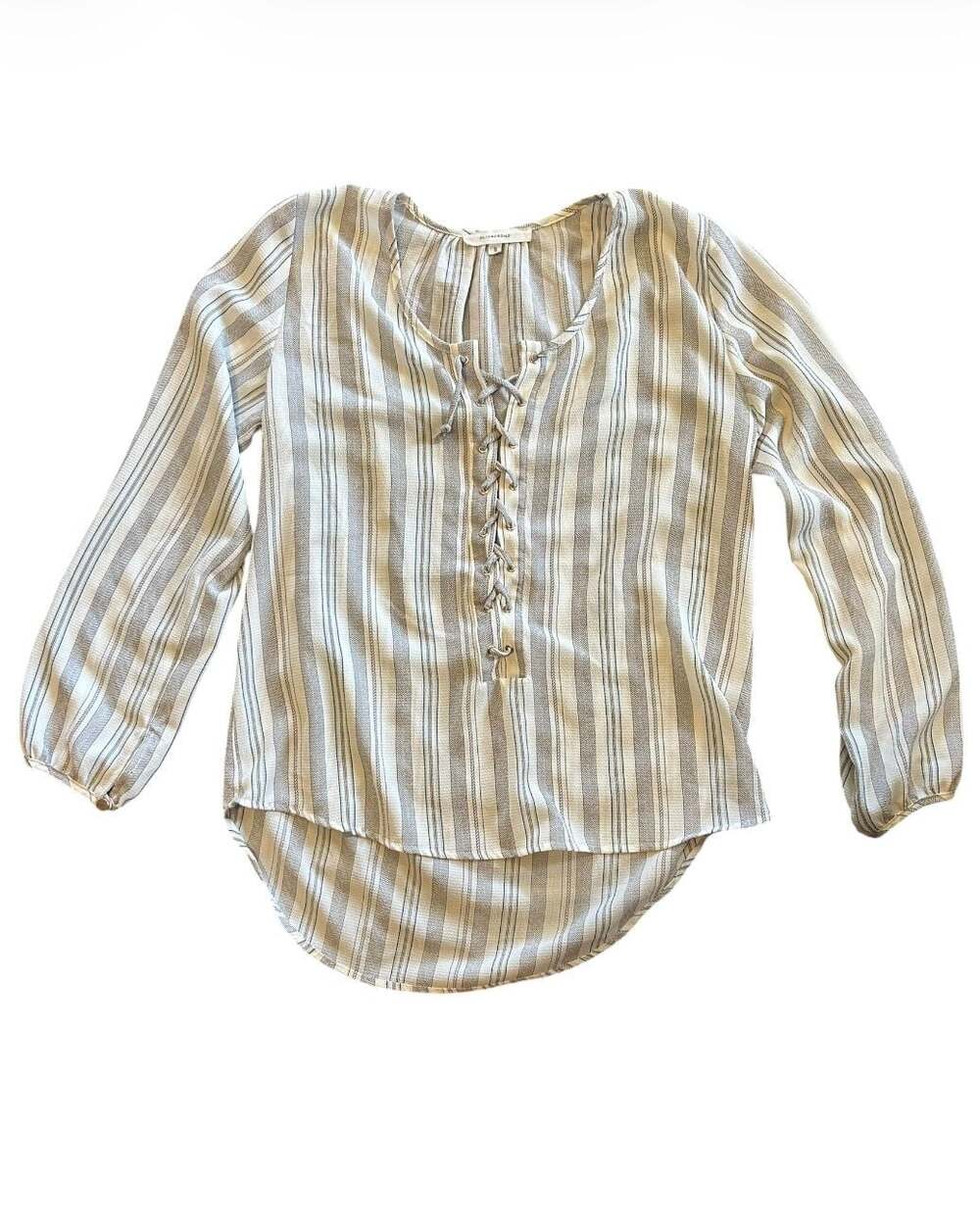 Olivaceous Women's Grey and White Striped Long Sleeve Lace-Up V-Neck Blouse